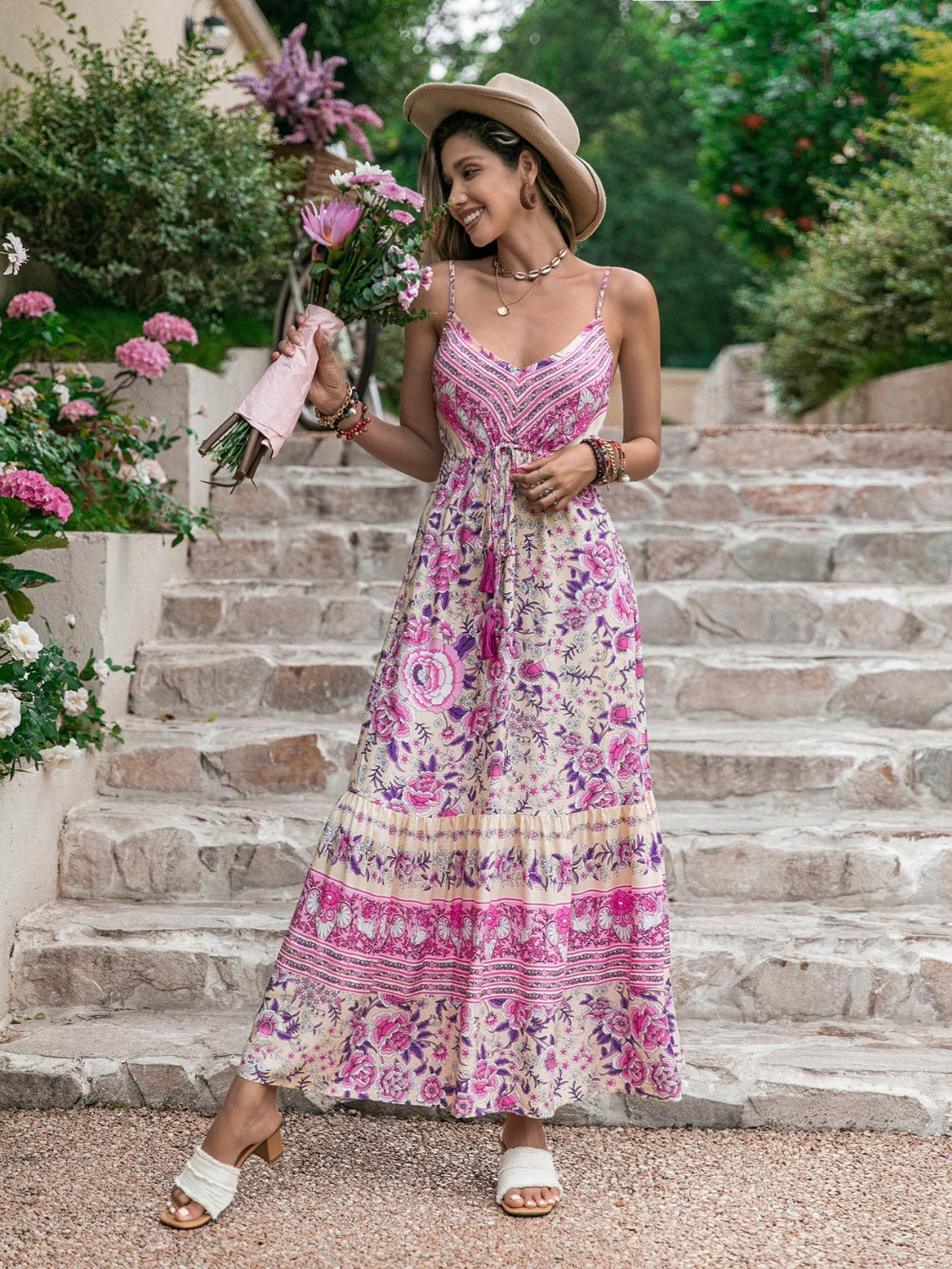 Pink Tassel Printed V-Neck Maxi Dress