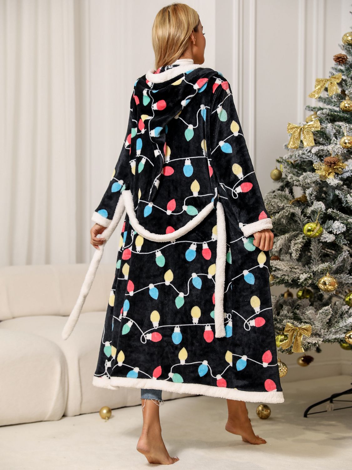 Christmas Light Tie Waist Hooded Robe