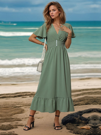 Surplice Sage Flutter Sleeve Midi Dress