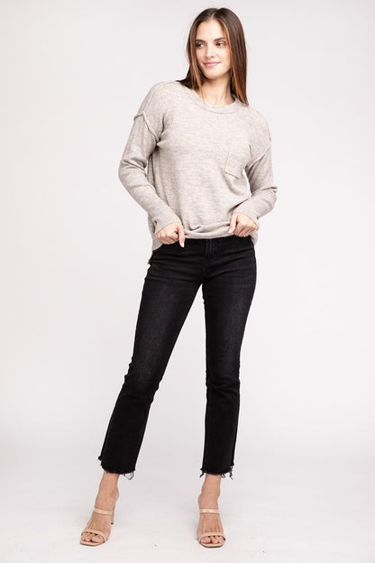 ZENANA Melange Hi-Low hem Round Neck Sweater