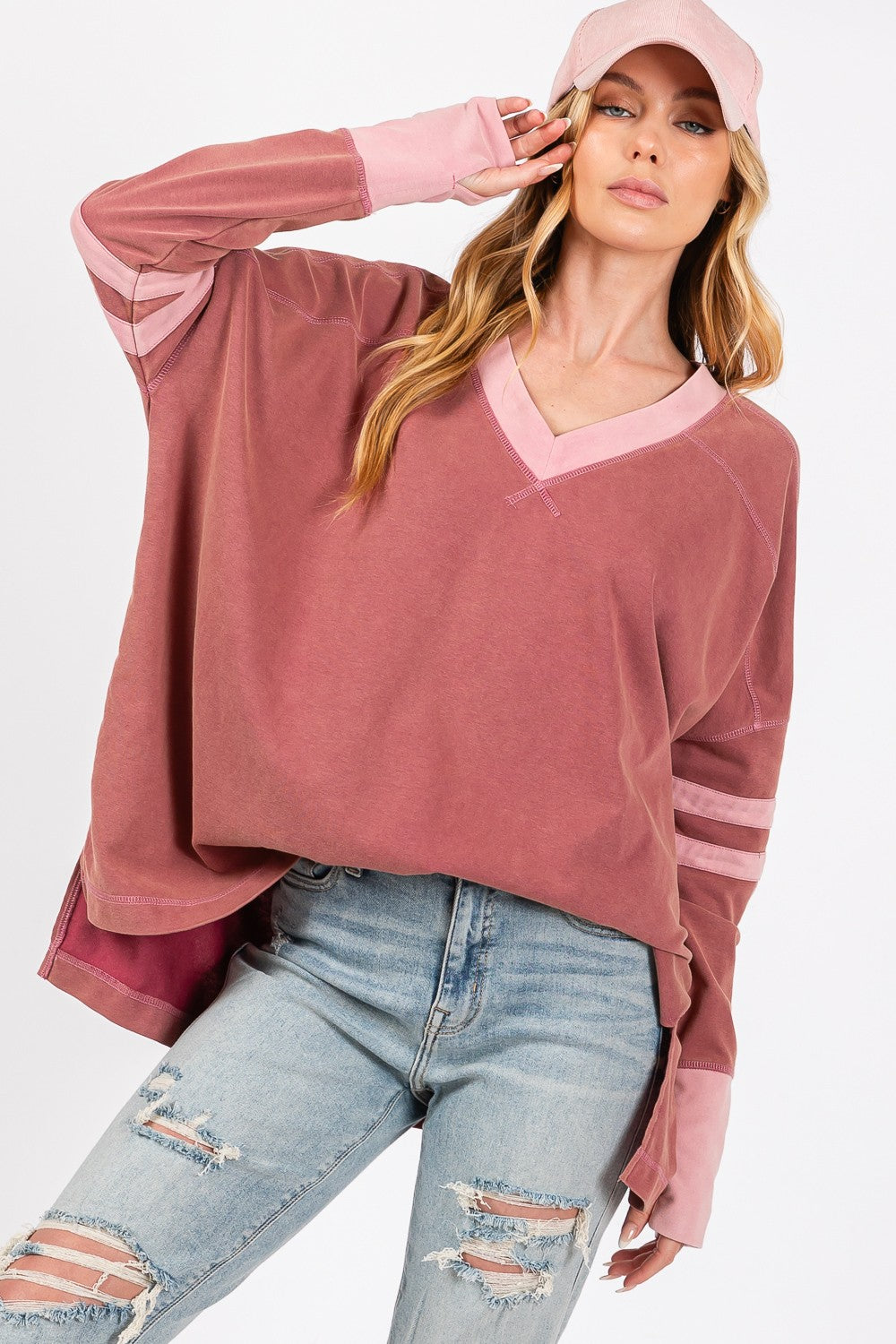 SAGE + FIG Mulberry Mineral Wash Side Slit Contrast T-Shirt