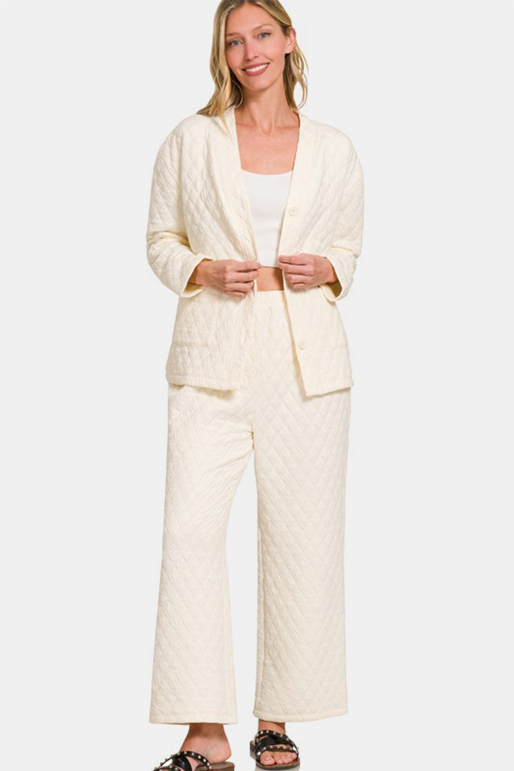 Zenana 2 Piece Women's Cream Quilted Button Up Long Sleeve Top and Pants Lounge Set