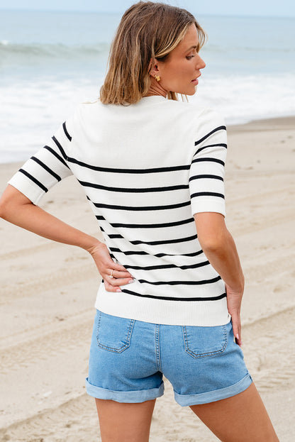 Striped Round Neck Half Sleeve Knit Top