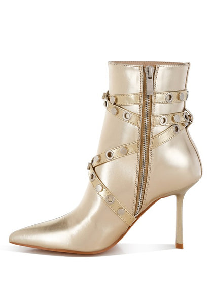 RAG & Co. Gold Metallic Ankle Heels Boot with Jaunts Eyelets & Studs Harness