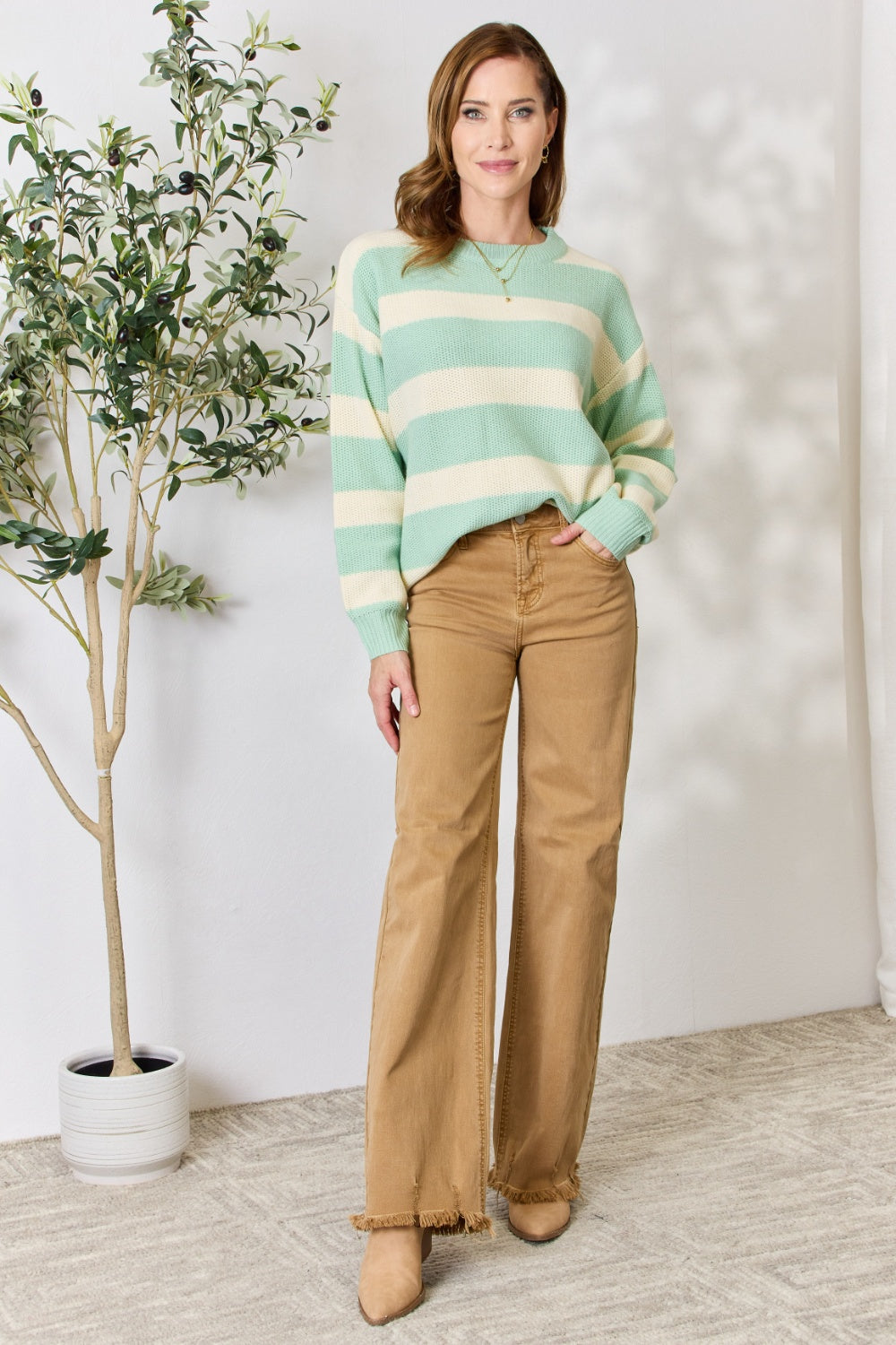 SEW IN LOVE Full Size Contrast Striped Round Neck Sweater