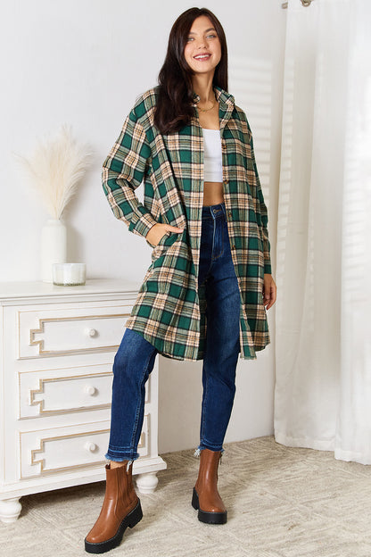 MANDY Long Buttoned Up Plaid Shirt with Side Pockets - Up to 2XL