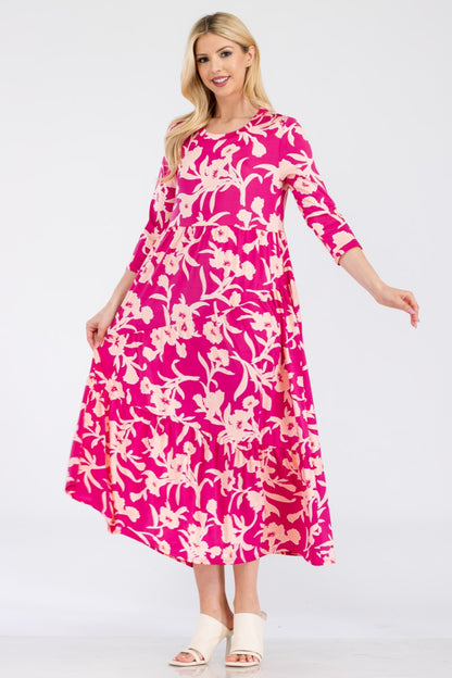 CELESTE Fuchsia Full Size Floral Round Neck Ruffle Hem Dress