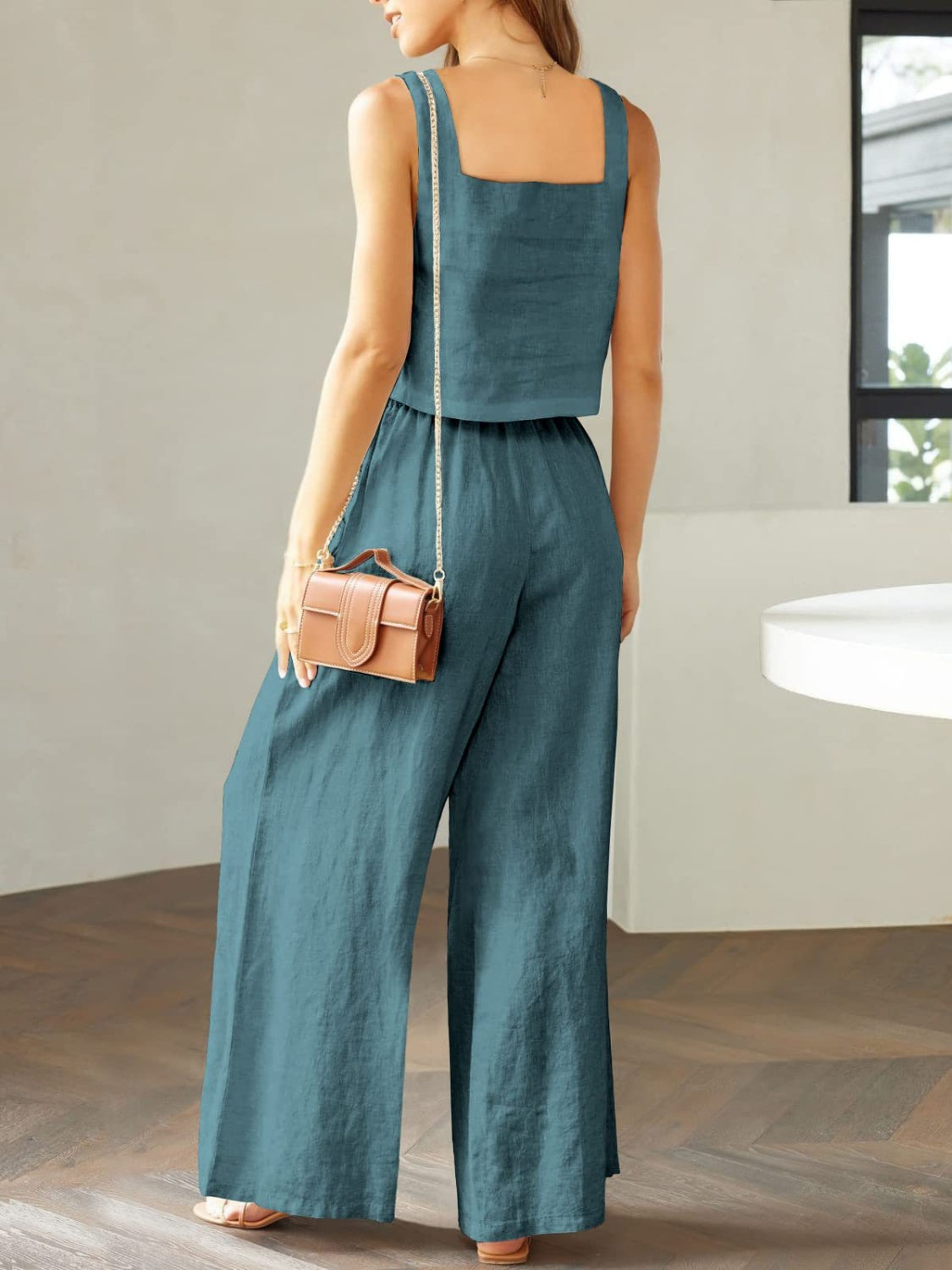 Stylish 2 Piece Square Neck Top and Wide Leg Pants Set