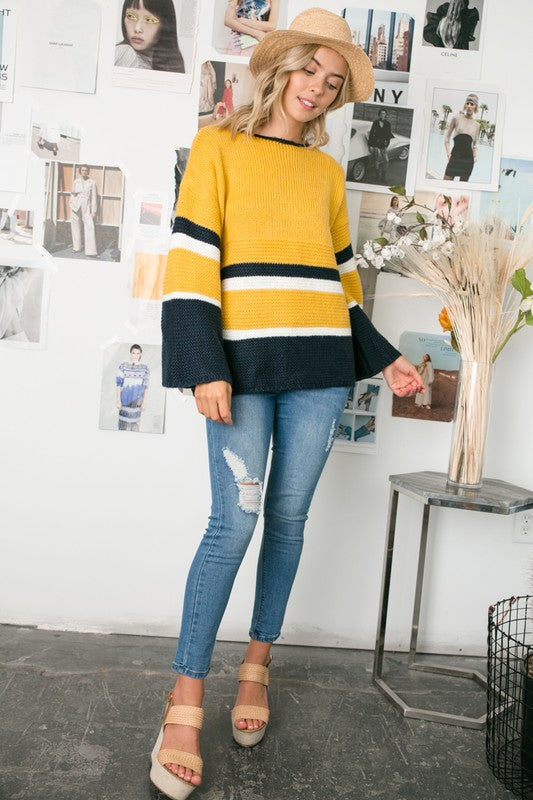 E LUNA Dark Yellow/Black Autumn Colorblock Sweater