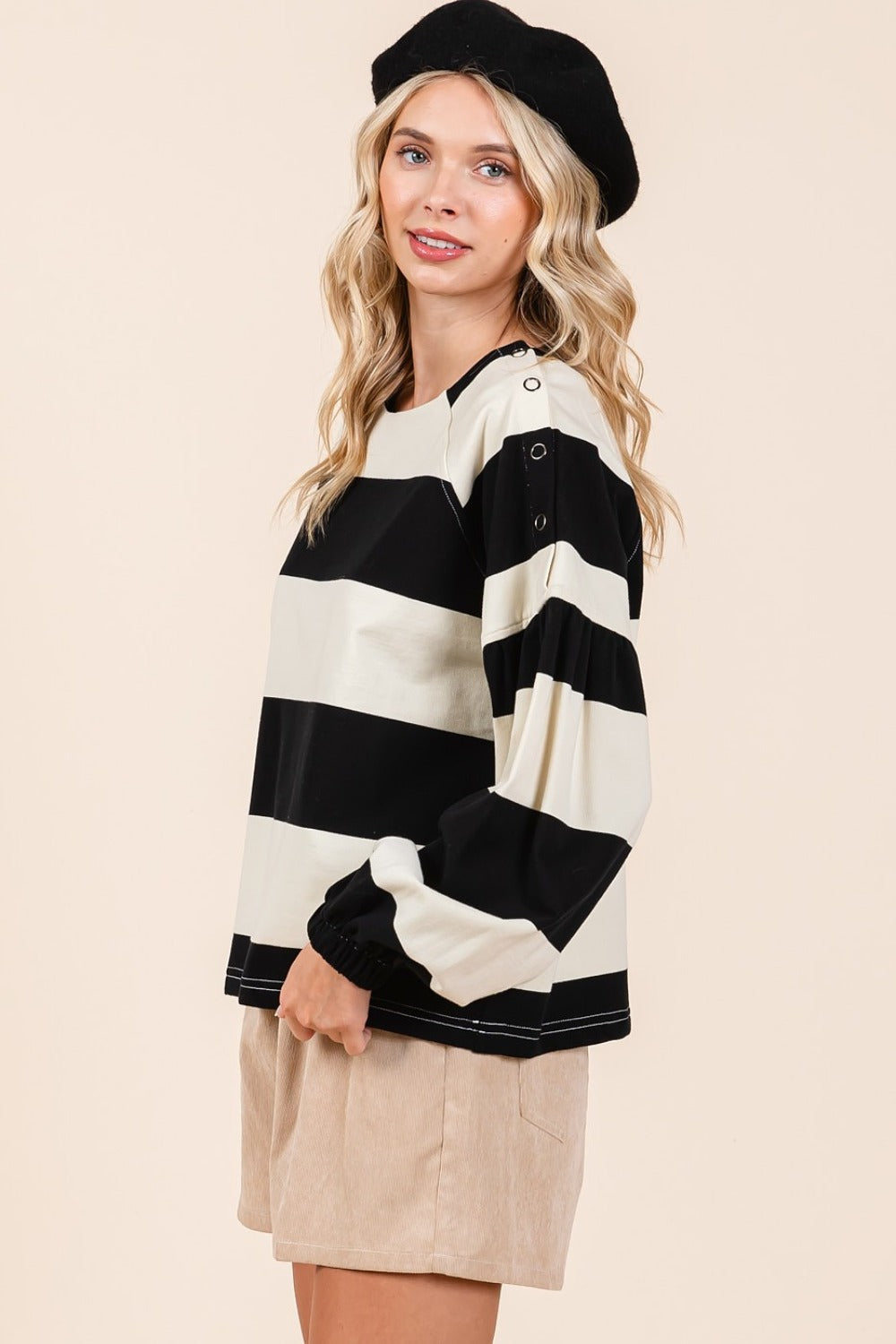 Mittoshop Black & Ivory Striped Snap Shoulder Sweater