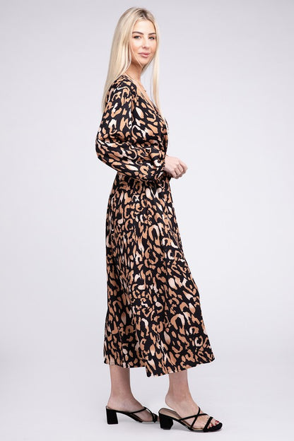 NUVI APPAREL Leopard print Wrap V Neck High Waist Midi Dress