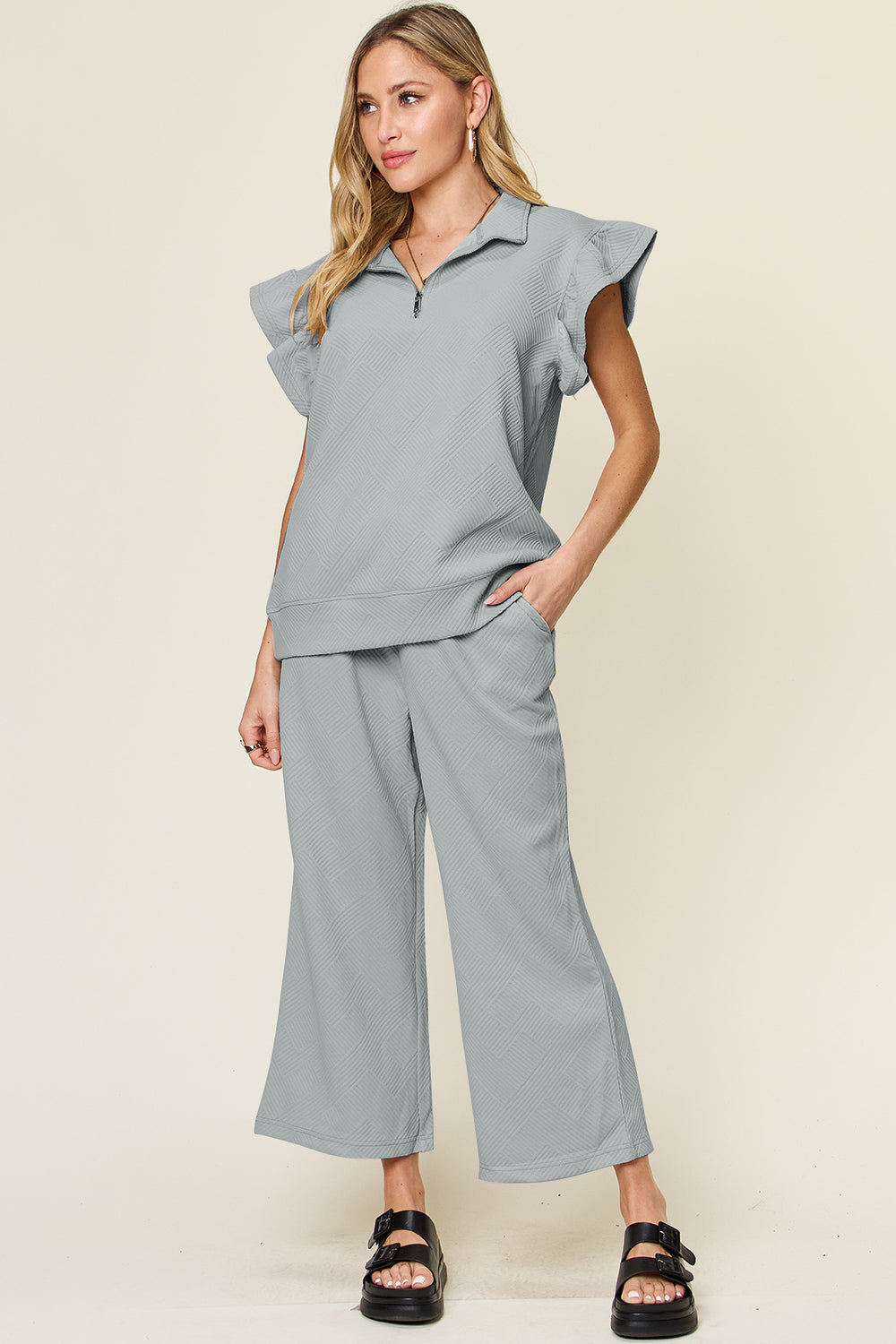 DOUBLE TAKE Texture Ruffle Short Sleeve Top and Drawstring Wide Leg Pants Set