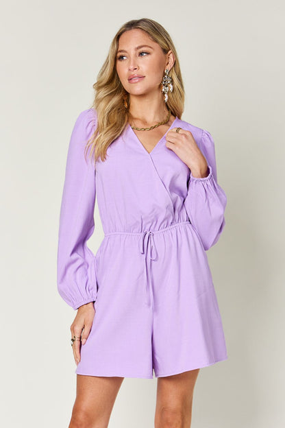 DOUBLE TAKE Full Size Lavender Drawstring Long Sleeve Romper