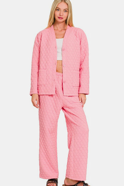 ZENANA Dark Pink Women's Quilted Button Up Long Sleeve Top and Pants Lounge Set