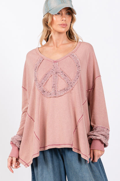 SAGE + FIG Mauve Oversized Peace Sign Mineral Wash Terry Top