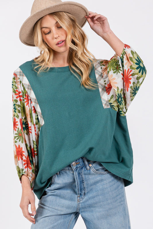 SAGE + FIG Women's Full Size Green Contrast Top with Printed Balloon Sleeves