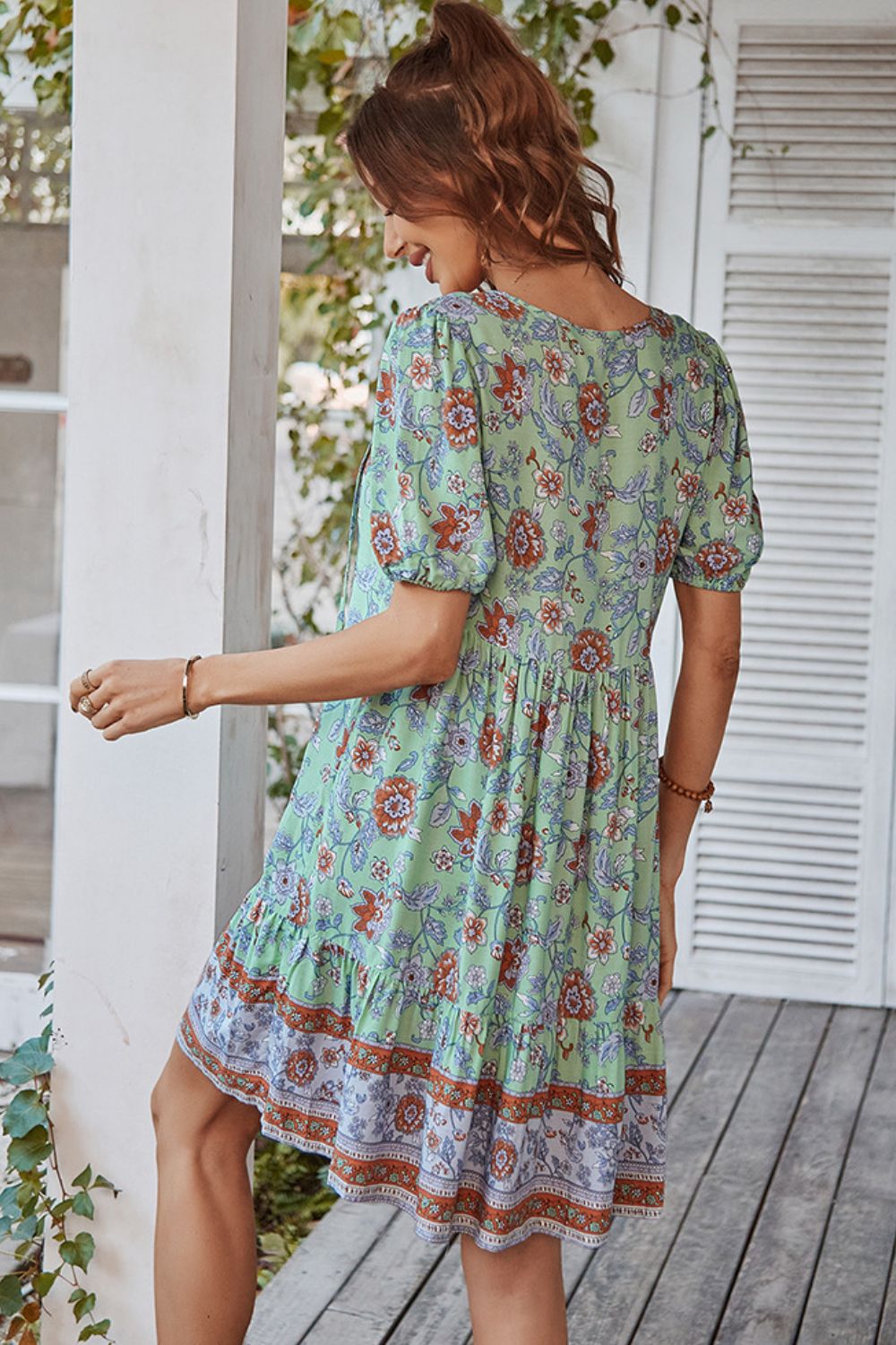 Casual Boho Floral Tie Neck Short Sleeve Mini Dress