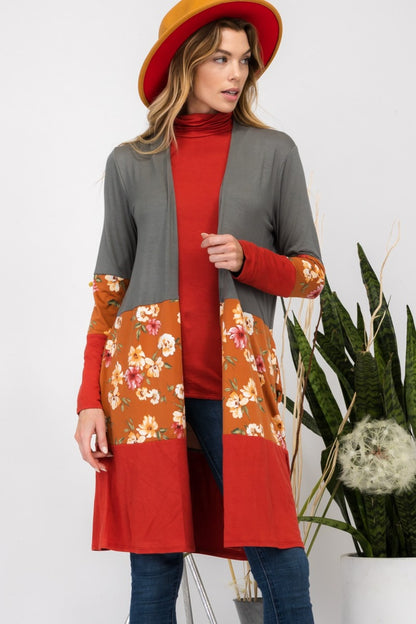 CELESTE Full Size Floral Color Block Open Front Cardigan