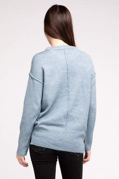 ZENANA Melange Hi-Low hem Round Neck Sweater