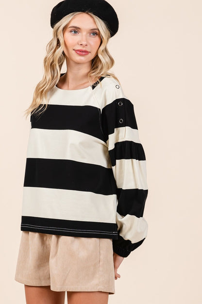 Mittoshop Black & Ivory Striped Snap Shoulder Sweater