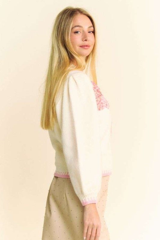 Davi & Dani Women's Ivory Fuzzy Mock Neck Sweater with Pink Flower Patch