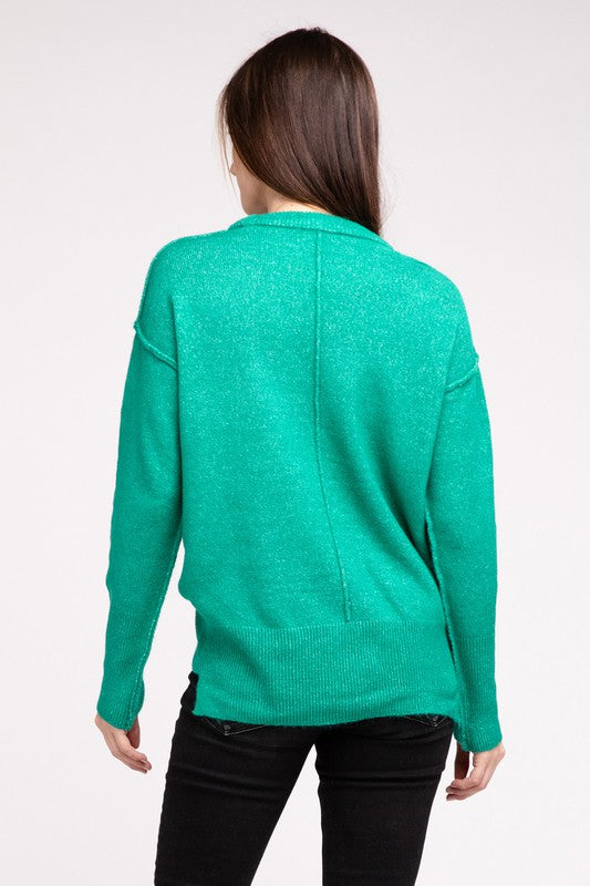 ZENANA Melange Hi-Low hem Round Neck Sweater