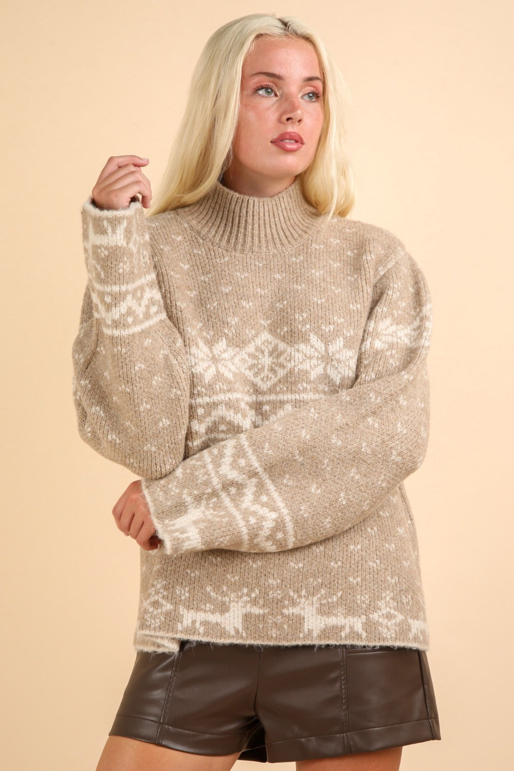 VERY J Mocha Christmas Element Mock Neck Long Sleeve Sweater