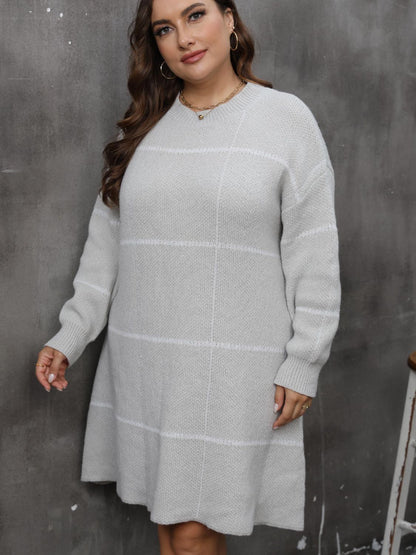 Plus Size Grey Round Neck Long Sleeve Sweater Dress