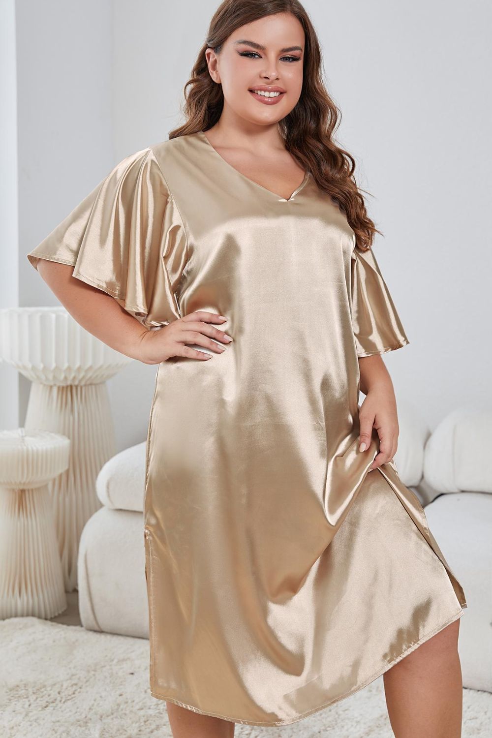 H2J Plus Size Flutter Sleeve V-Neck Side Slit Night Gown