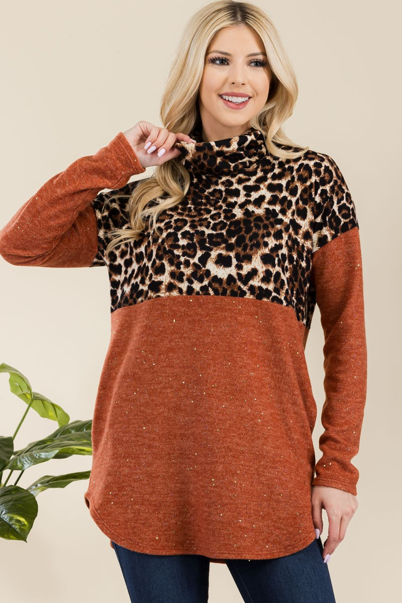 CELESTE Full Size Curved Hem Autunm Leopard Turtleneck Long Sleeve Top in Rust