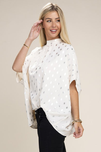 NUVI APPAREL White Batwing Sleeve Mock Neck Blouse