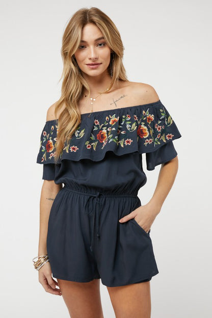 DAVI & DANI Floral Embroidered Off Shoulder Romper