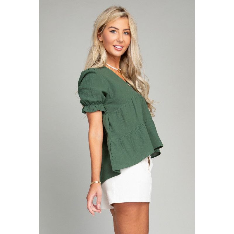 NUVI APPAREL Dark Green Button Front Puff Sleeve Blouse