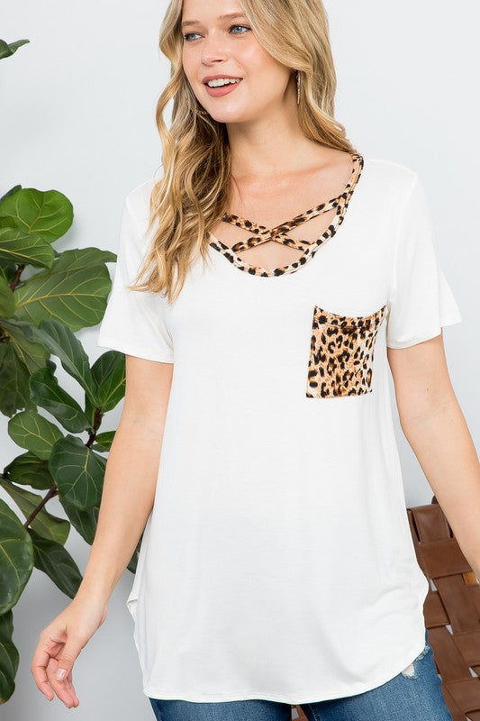 E LUNA Solid Color & Animal Print Decor Basic Top