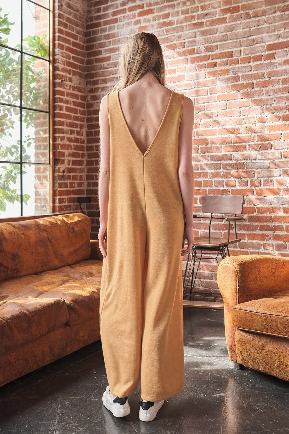 CES FEMMES Mustard V-Neck Sleeveless Wide Leg Jumpsuit