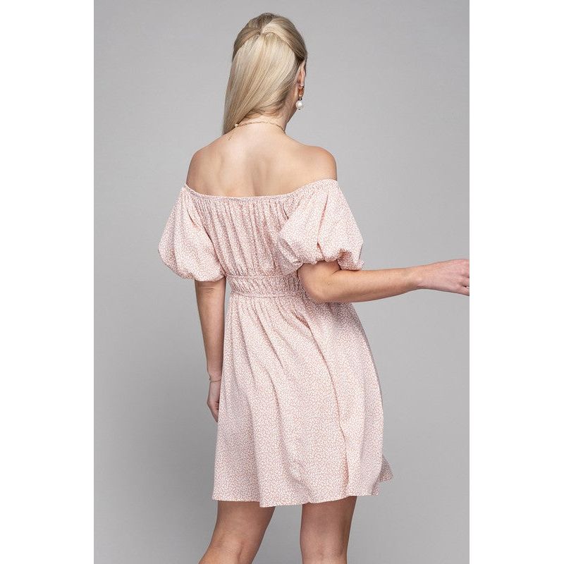 NUVI APPAREL Mini Pink Elegant Off-the-Shoulder Print Dress