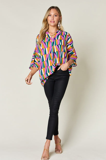 DOUBLE TAKE Full Size Geometric Notched Raglan Sleeve Blouse