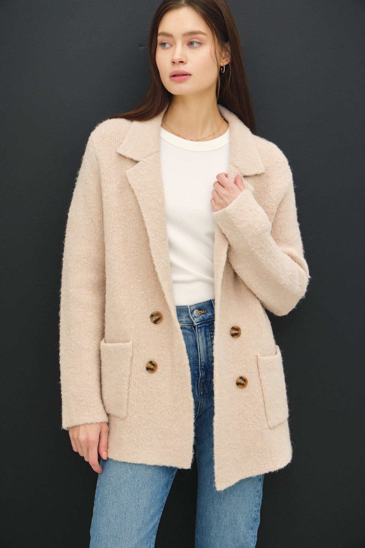 BE COOL Textured Double-Breasted Coat with Pockets in Blush Beige