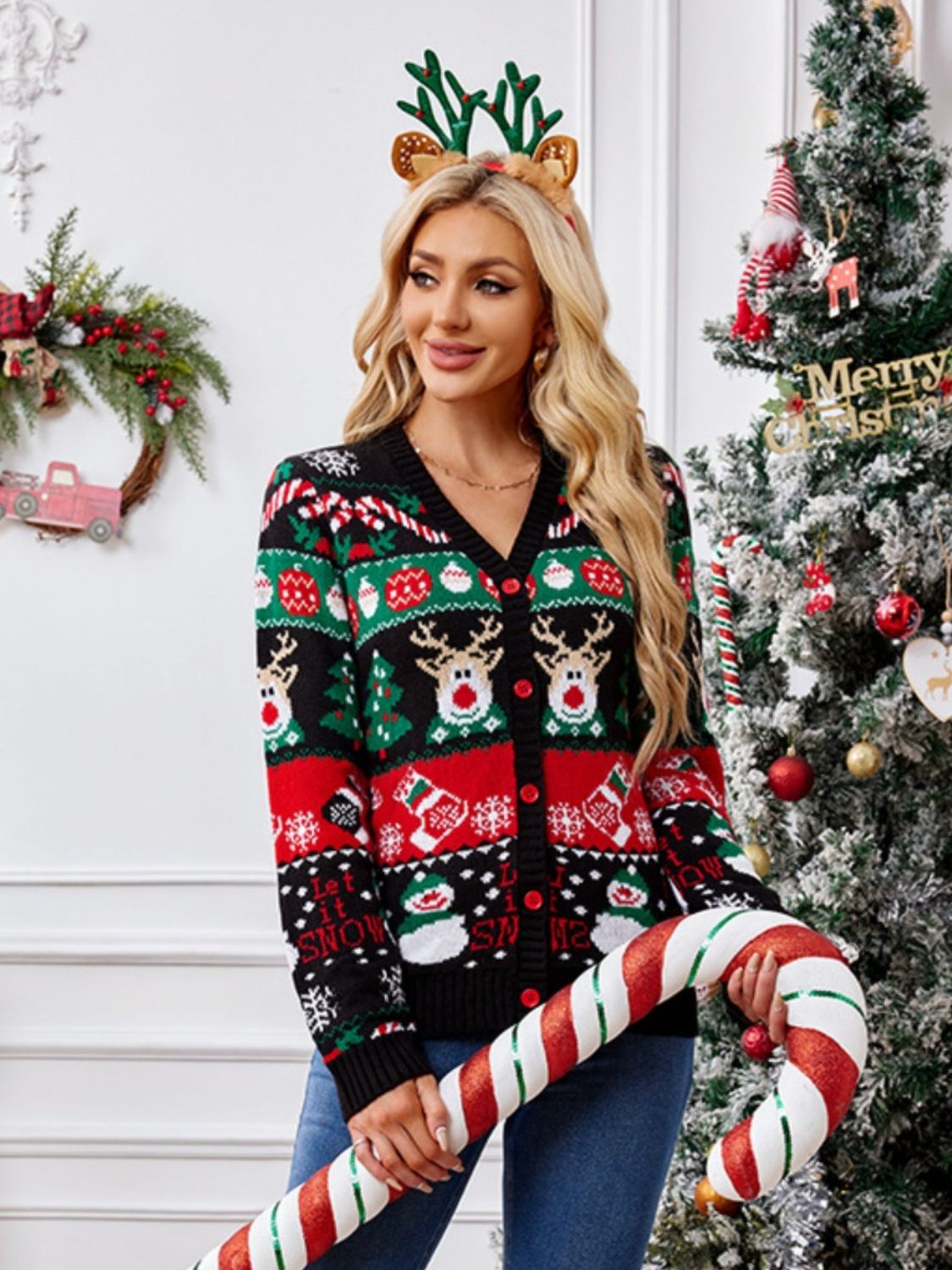 Reindeer Button Up Long Sleeve Christmas Cardigan