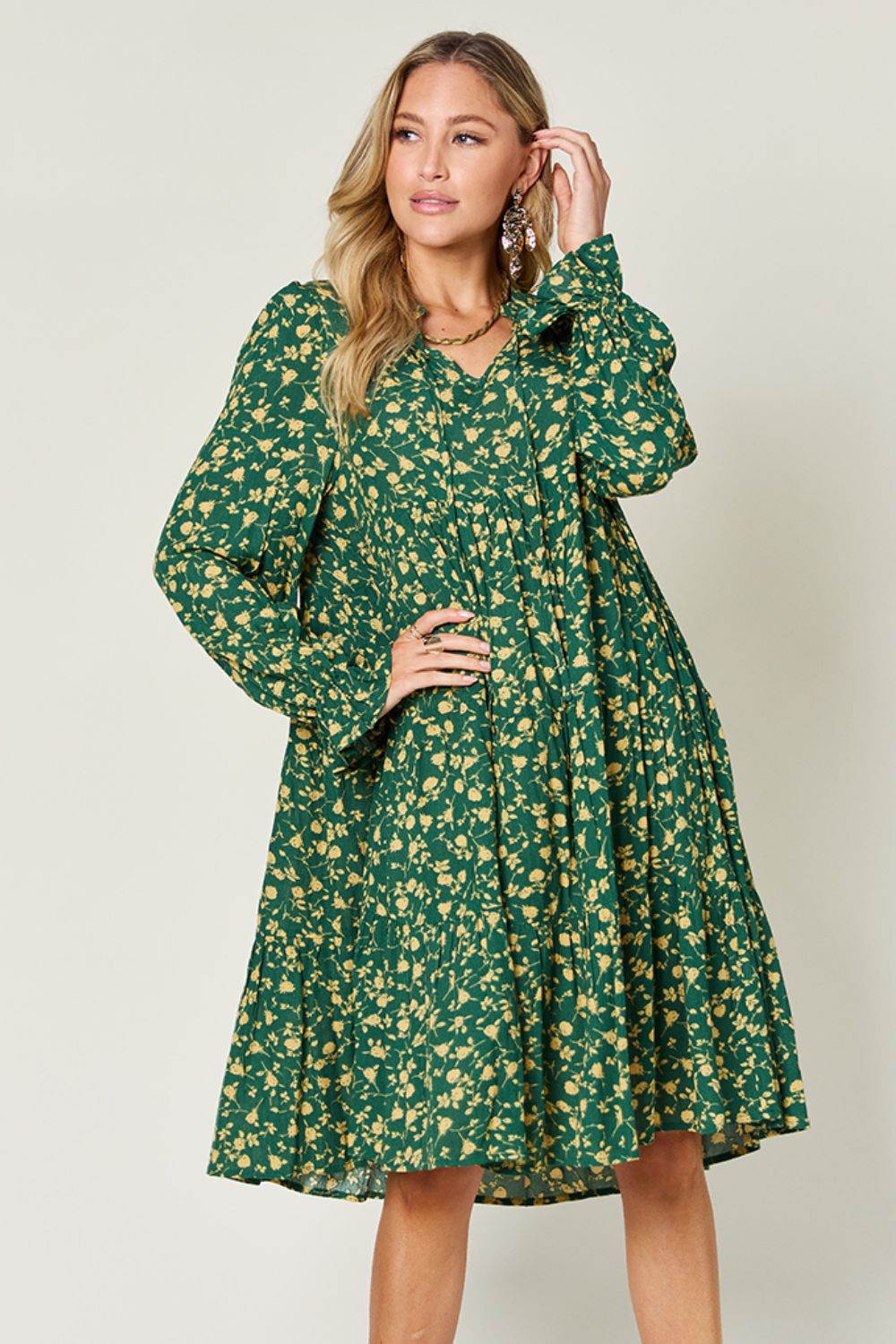 DOUBLE TAKE Full Size Printed Ruffle Hem Long Sleeve Dress