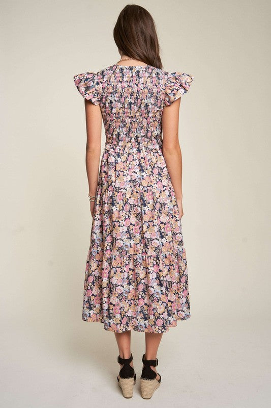 DAVI & DANI Vintage Garden Floral Flutter Smocking Midi Dress