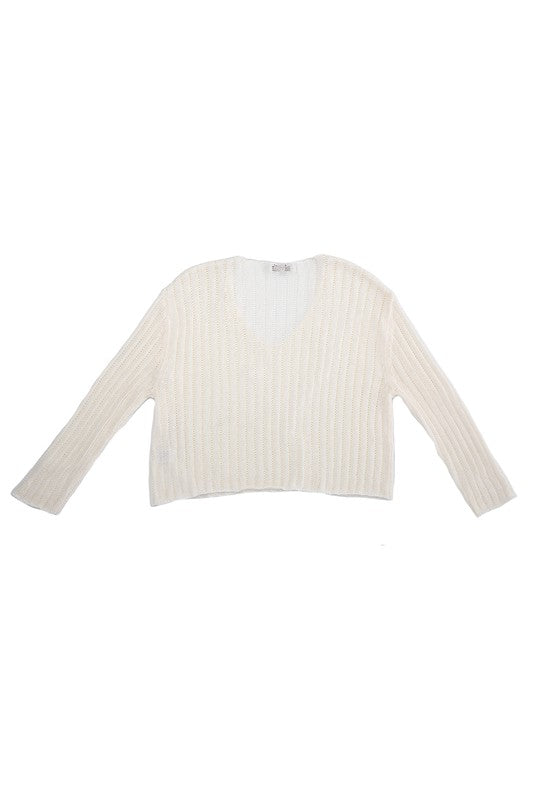 LILOU Ivory Variegated Rib V neck Sweater