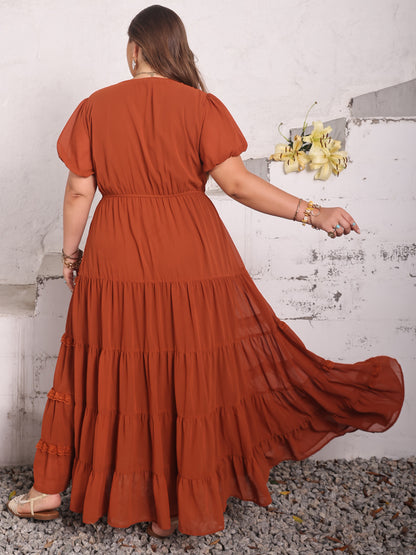 H.R.Z. Rust Boho Plus Size Dress with Ruched Lace Detail V-Neck & Short Sleeves