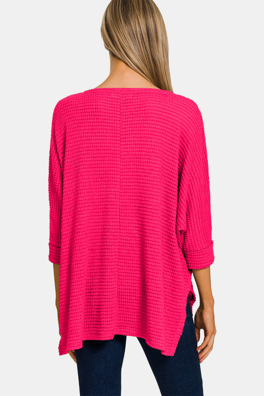 ZENANA Magenta V-Neck High-Low Jacquard Knit Top