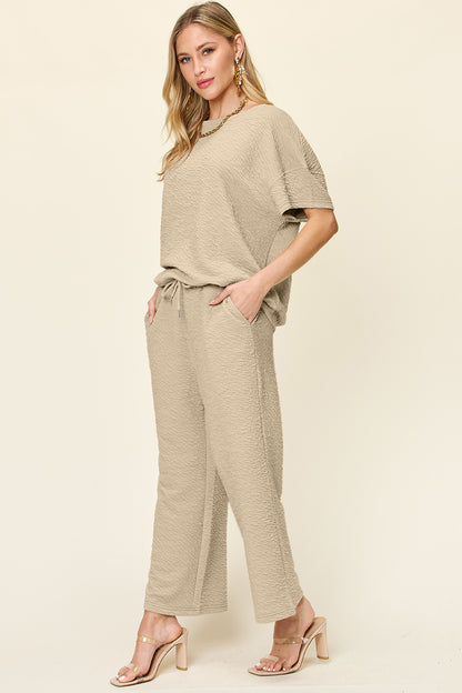 DOUBLE TAKE Full Size Texture Short Sleeve Top and Pants Set