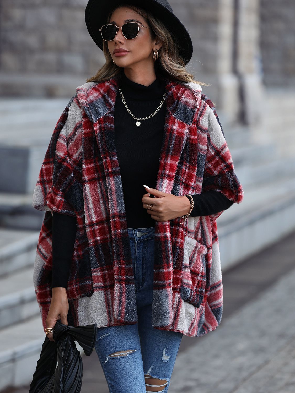 SAN&R Plaid Short Sleeves Hooded Coat with Pockets