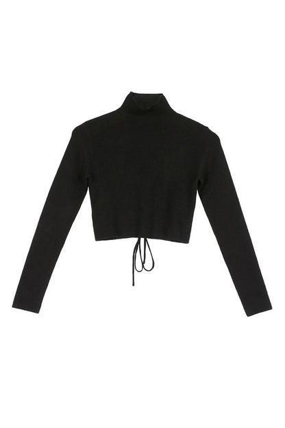 LILOU Black Long Sleeves Mock Neck Lace-up Open Back Top