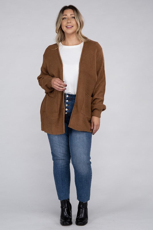 ZENANA Plus Low Gauge Waffle Open Cardigan Sweater