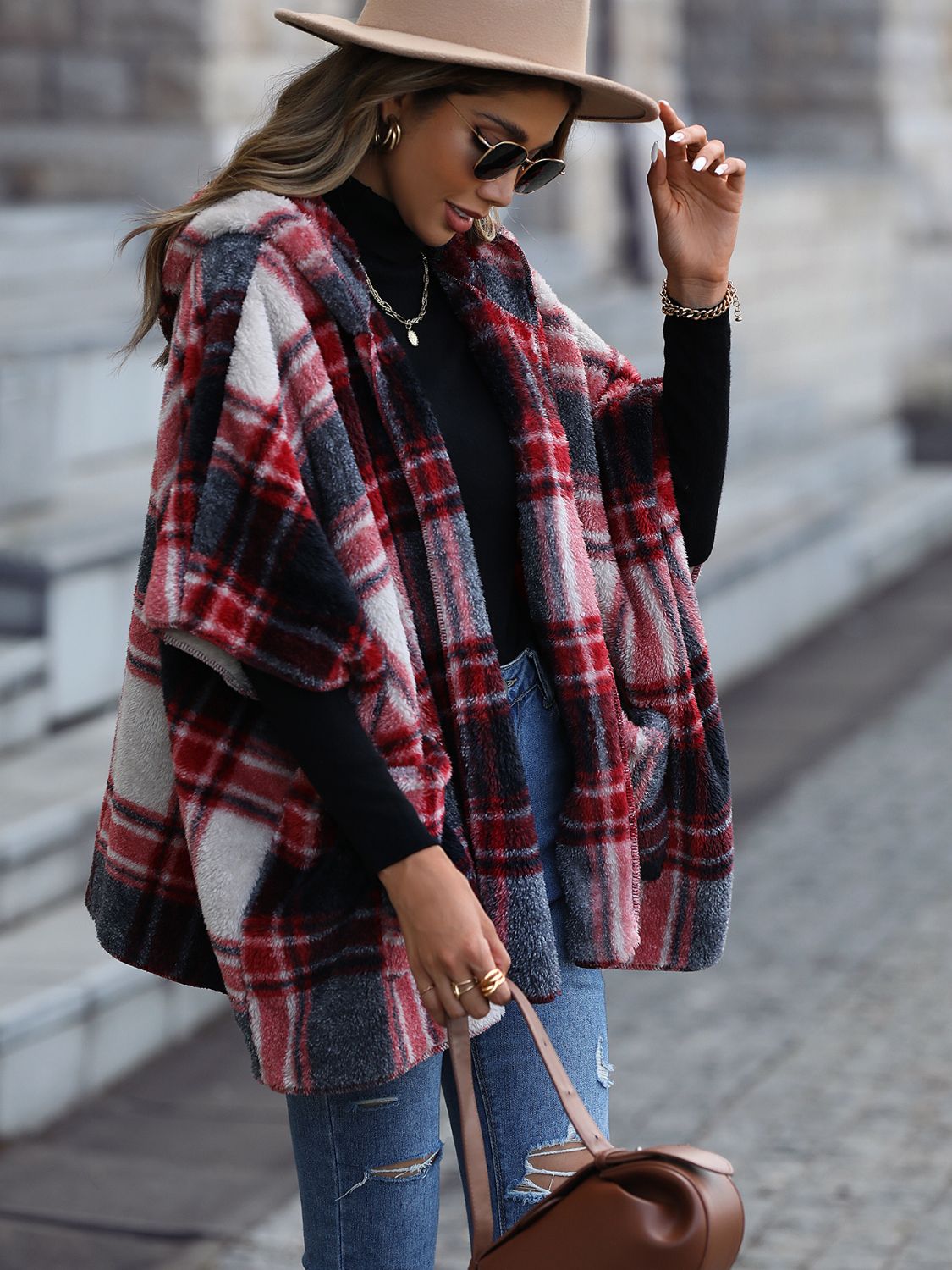 SAN&R Plaid Short Sleeves Hooded Coat with Pockets