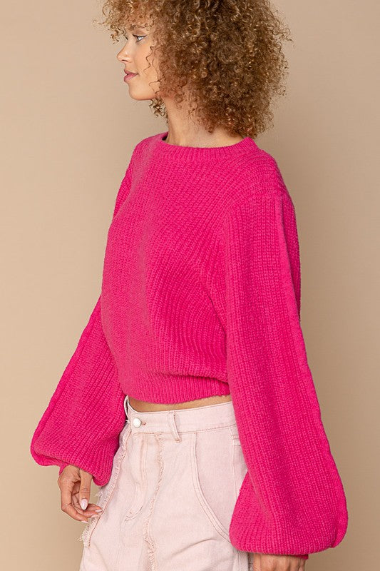 POL Hot Pink Oversized Round-Neck Sweater with Balloon Sleeves